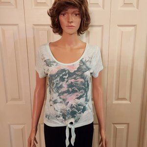 Mudd Aqua/Pink/Teal/Cloud Print Sheer Back Short Sleeves Scoop Neck Top Size XS